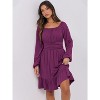 Long Lantern Sleeve Swing Dress with Square Neck & Ruffle Hem, Elastic Waist A-Line Short Dress for Women, Fall Fashion Deep Purple - 4 of 4