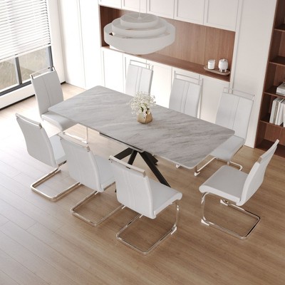NicBex Dining Table Set for 8 Modern Extendable Dining Room Table with MDF Marble Pattern Tabletop and 8 PU Chairs for Kitchen