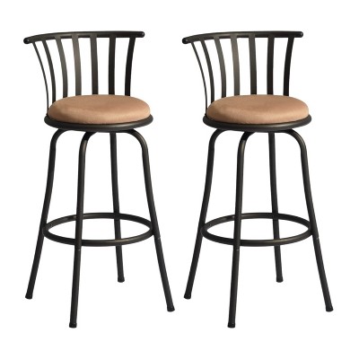 HomeRoots Set of Two 29" Brown and Black Microfiber and Metal Low Back Bar Height Swivel Bar Chairs