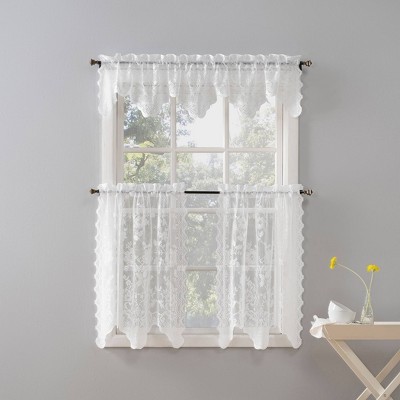 White Floral Lace Sheer Rod Pocket Kitchen Curtain Tier Pair