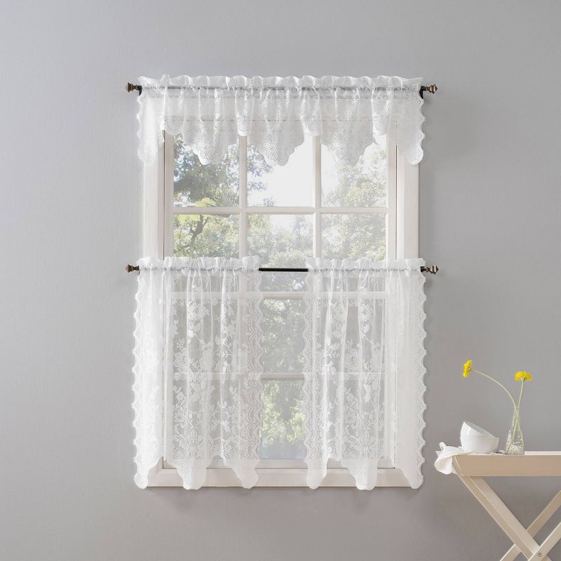 Set of 2 (24&#34;x58&#34;) Alison Floral Lace Sheer Rod Pocket Kitchen Curtain Tier Pair  White - No. 918, 5 of 10