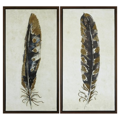 (Set of 2) 16.75" x 31.75" Gilded Feathers Canvas Wall Art Yellow: Urban Habitat, Modern Decor, Framed Digital Artwork