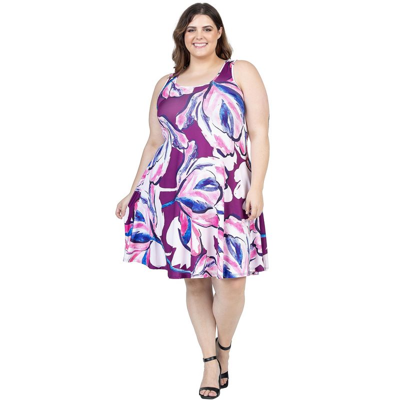 24seven Comfort Apparel Plus Size Purple Floral Sleeveless Knee Length Tank Swing Dress, 1 of 7