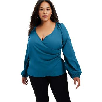 June + Vie by Roaman's Women's Plus Size Embroidered V-Neck Wrap Blouse