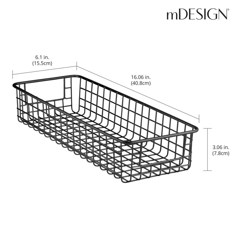 mDesign Metal Wire Food Organizer Shallow Basket, Handles - 2 Pack - Black, 16 x 6 x 3, 4 of 9