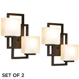 Possini Euro Design Modern Wall Light Sconces Set of 2 Bronze Hardwired 15 1/2" High 2-Light Fixture Square Opal Glass for Bedroom - 1 of 4