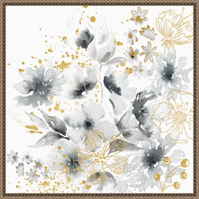 Watercolor Gray and Goldenrod Floral Canvas with Bronze Frame