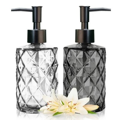LunaLulinlk 2 Pack Glass Soap Dispenser Diamond 12 Ounce Kitchen Soap Dispenser Dish Soap (Clear and Grey)