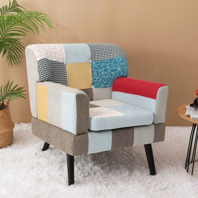Vynxaria Colorful Splicing Cloth Accent Chair, Solid Wood Frame (250lbs Capacity), Easy Assembly for Living Room/Bedroom/Study