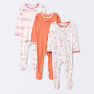 Image of Baby Girls' 3pk Balloons Zip-Up Sleep N' Play - Cloud Island™ Coral Orange 0-3M