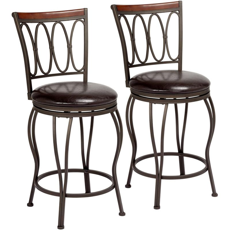 Elm Lane Bronze Metal Swivel Bar Stools Set of 2 Brown 24" High Traditional with Backrest Footrest for Kitchen Counter Island Home, 1 of 10