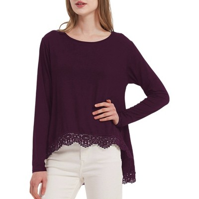 Anna-Kaci Women's Tunic Tops Long Sleeve Lace Trim U-Neck Blouse Solid Color Shirts