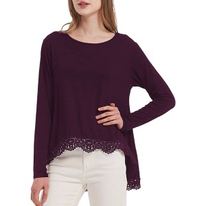 Anna-Kaci Women's Tunic Tops Long Sleeve Lace Trim U-Neck Blouse Solid Color Shirts - 1 of 4