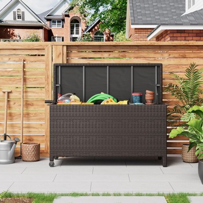 Large Deck Box, Built-In Handles Patio Storage Box for Storage with Wheels, Rattan Waterproof Outdoor Bins for Cushions, Patio Furniture, Garden Tools