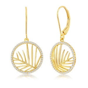Bella Silver Sterling Silver Round CZ Outline w/ Center Cut-Out Leaf Dangle Earrings - Gold Plated - Gold - 1 of 2