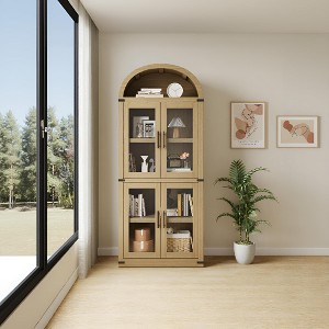 71'' Tall Arched Bookcase, Industrial 5-Tier Arched Bookshelf with 4 Glass Doors and Open Shelf, Anti-Tip Design, Freestanding Display Storage Cabinet - 1 of 4