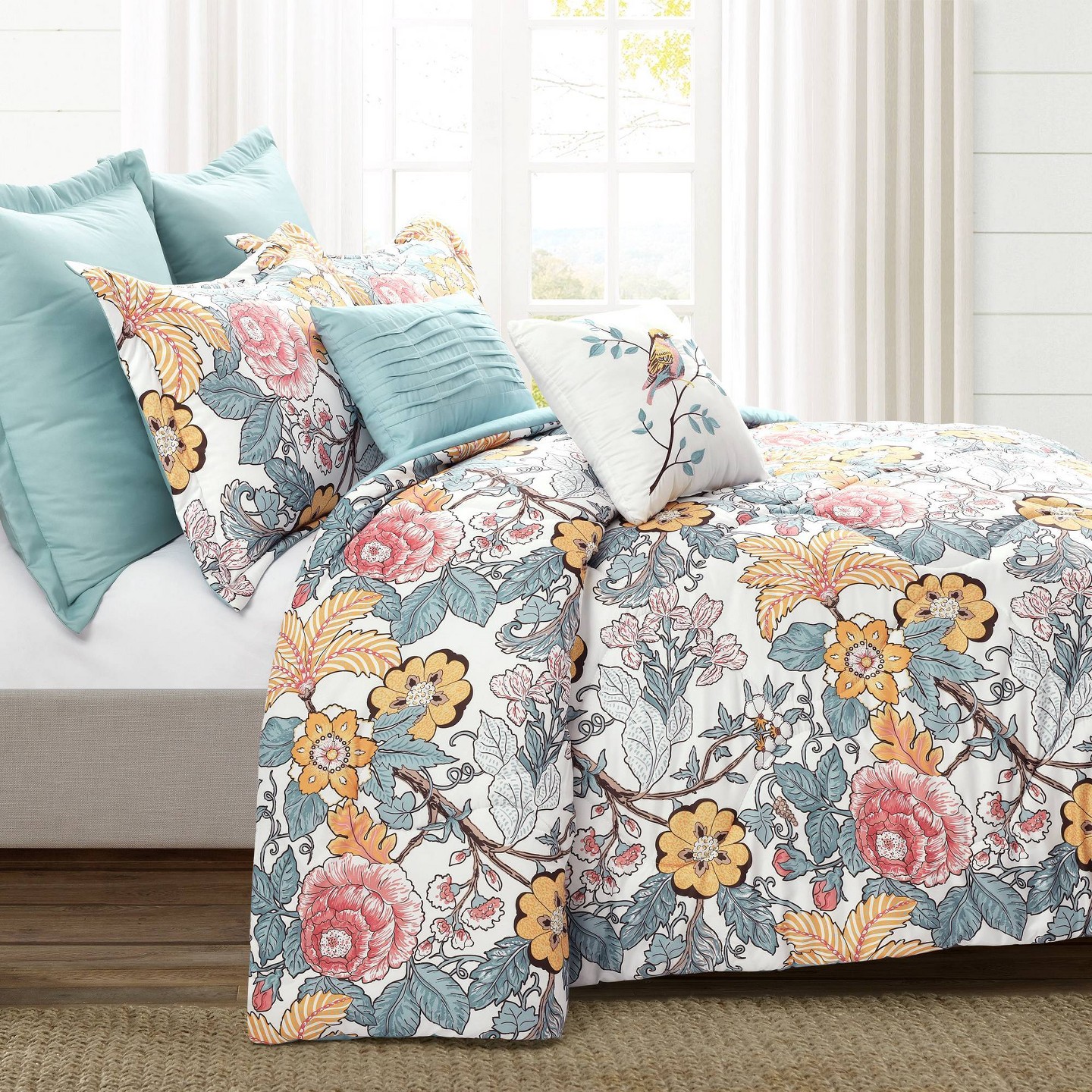 Комплект с одеялом Lush Decor Full/Queen 7pc Sydney Comforter Set Blue/Yellow - Lush Décor: Microfiber Bedding with Botanical Pattern & Pleated Design, цвет: Синий — фото 2