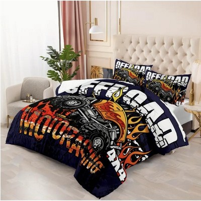 Boersma Monster Truck Comforter Set, Monster Truck with Fire Pattern Racing Sport Bedding, Moto Racing Theme Bedding Room Decor