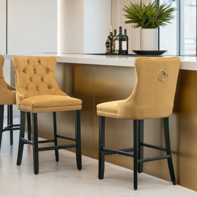 Counter Height Bar Stools Set of 2, Velvet Upholstered Dining Chairs with Nailhead Trim, Wooden Legs, Button Tufted Decor - Leovsnove