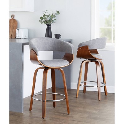 Light Gray Walnut Wood Swivel Counter Stools with Chrome Footrest, Set of 2