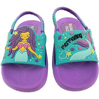 Rainbow Daze Slide Sandal, Mermaid/Shark/Unicorn Molded Slides With Elastic Back Strap, Toddler Size 5-12, Purple/Blue/Pink