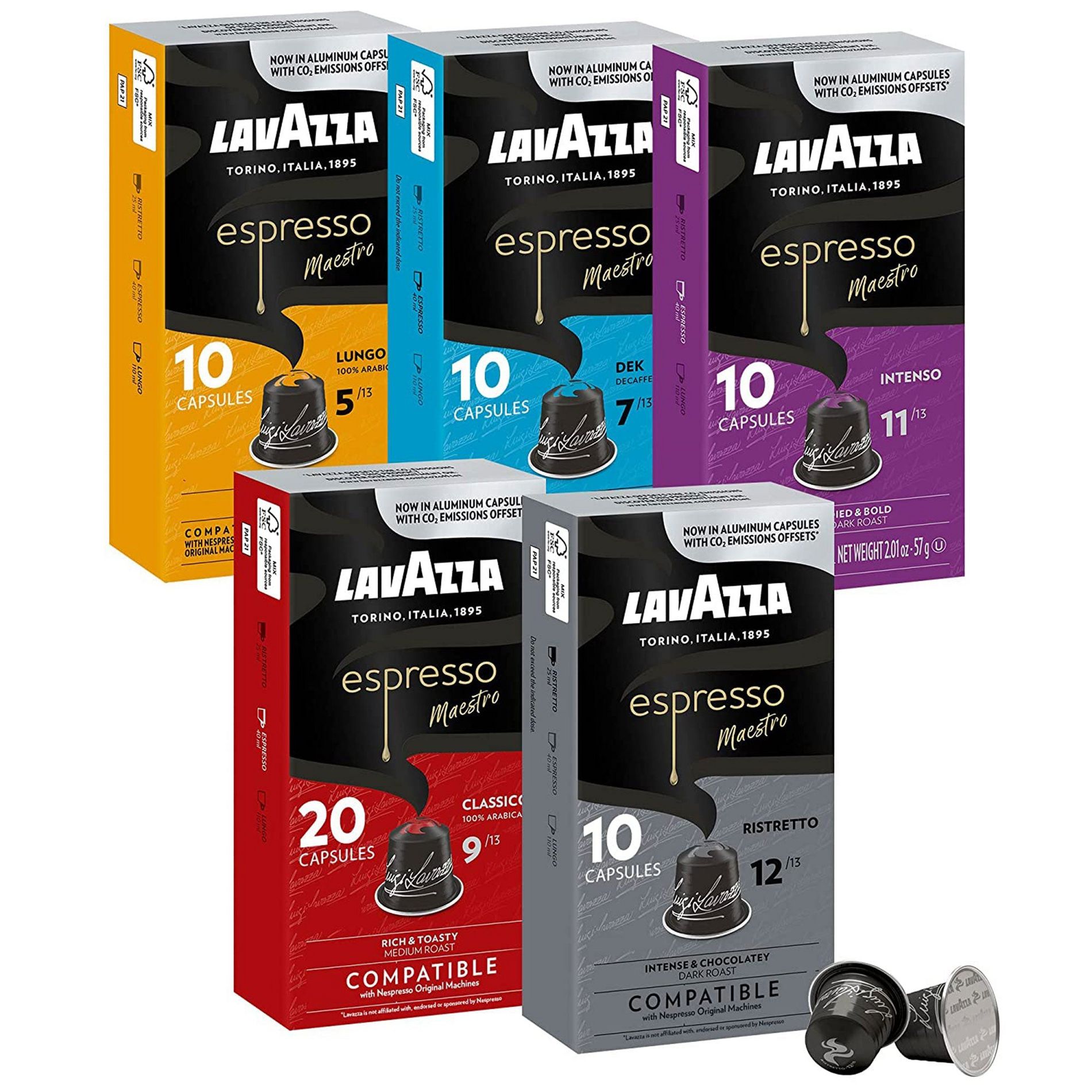 Lavazza Espresso Variety Pack of Aluminum Capsules Compatible with Nespresso* Original Machines, Contains Light, Medium, and Dark Roast (60 Capsules)