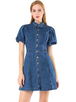 Allegra K Women's Puff Short Sleeve Collared Button Front Mini Denim Dress