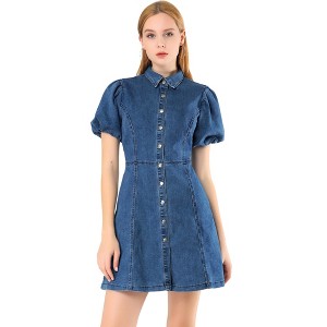 Allegra K Women's Puff Short Sleeve Collared Button Front Mini Denim Dress - 1 of 4