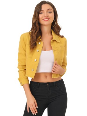 Allegra K Women's Turn Down Frayed Button Down Washed Cropped Denim Jacket