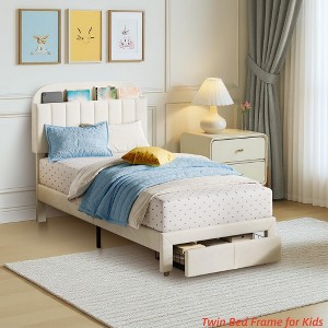 Twin Bed Frame Velvet Upholstered Platform Bed with Bookcase Headboard for Kids Girls Heavy Duty Steel Support Legs Easy Assembly Noise Free - 1 of 4