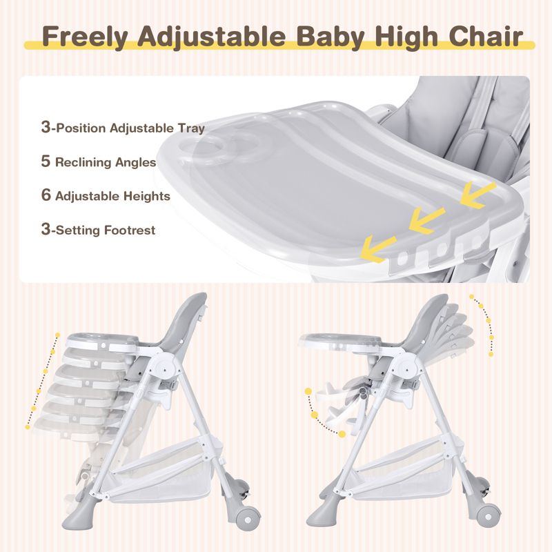 Infans Baby Convertible Folding Adjustable High Chair w/Wheel Tray Storage Basket Grey, 5 of 8