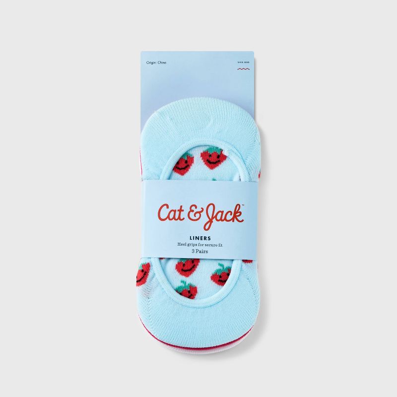 Girls' 3pk Strawberries And Hearts Liner Socks - Cat & Jack™ Blue/White/Pink, 3 of 5