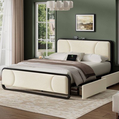 WOWLIVE Full/Queen/King Platform Bed with 2 Storage Drawers, Modern Bed Frame with Charging Station
