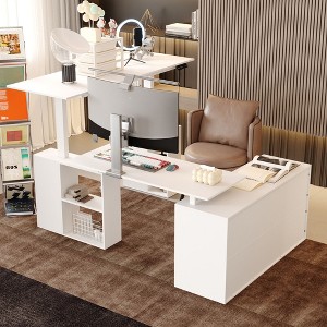 Famapy Liftable Writing Desk Computer Desk Right Angle Desktop Large Desktop One-piece Hollow Out Shelf White - 1 of 4