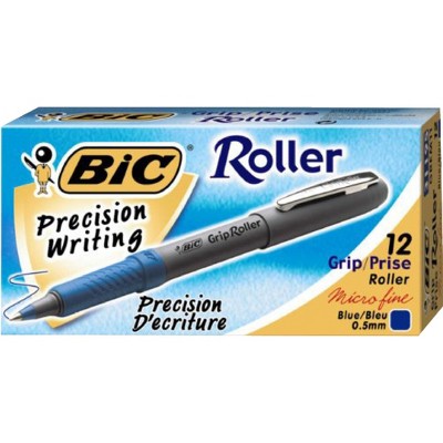 BIC Roller Glide Grip Ballpoint Pen, 0.5 mm Micro Tip, Blue Ink, Charcoal Barrel, pk of 12