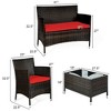 Tangkula 4 Pieces Patio Rattan Conversation Furniture Set Outdoor w/ Brown & Red Cushion - 3 of 4