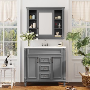 Okak 36" Bathroom Vanity with Ceramic Sink & Mirror Cabinet, Multi-function Bathroom Cabinet with 2 Soft Closing Doors & 2 Drawers Solid Wood, Gray - 1 of 4