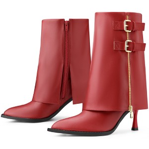 BLISSFUL STEP Women's Pointed Toe Mid Calf Fold Over Buckle Stiletto Heel Booties - 1 of 4