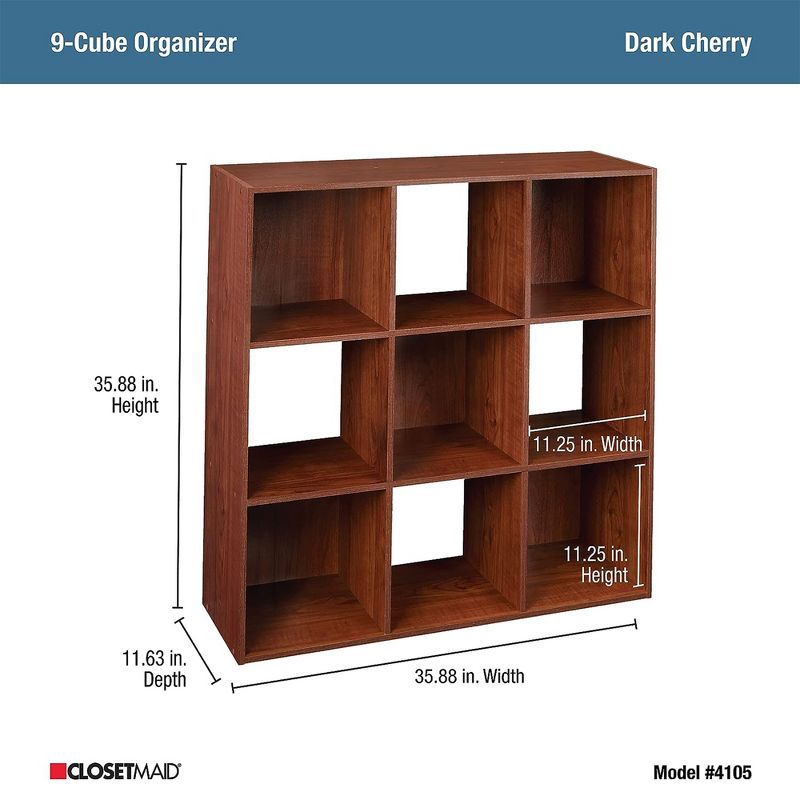 ClosetMaid 9 Cube Laminated Wood Stackable Open Bookcase Display Shelf Storage Organizer for Household, Living Rooms, and Studies, Dark Cherry, 6 of 8