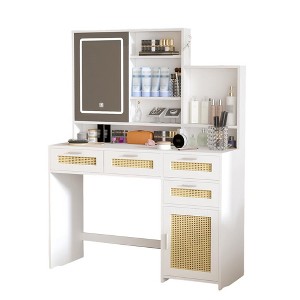 Makeup Vanity with Lights in 3 Colors & Openable Mirror, Vanity Desk with 4 Drawers, 1 Cabinets and Shelves, Vanity Table Rattan Vanity Dresser - 1 of 4