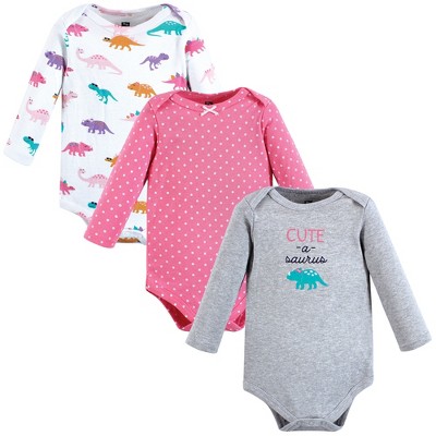 Hudson Baby Infant Girl Cotton Long-Sleeve Bodysuits, Cuteasaurus 3-Pack, 6-9 Months