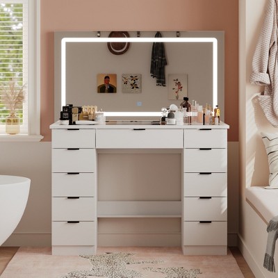 FUFU&GAGA White Vanity Table with Large Mirror Glass-Top Adjustable Light Modes
