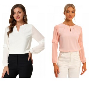 Allegra K Women's Chiffon Semi Sheer Keyhole Neck Elegant Work Blouse 2 Packs - 1 of 4
