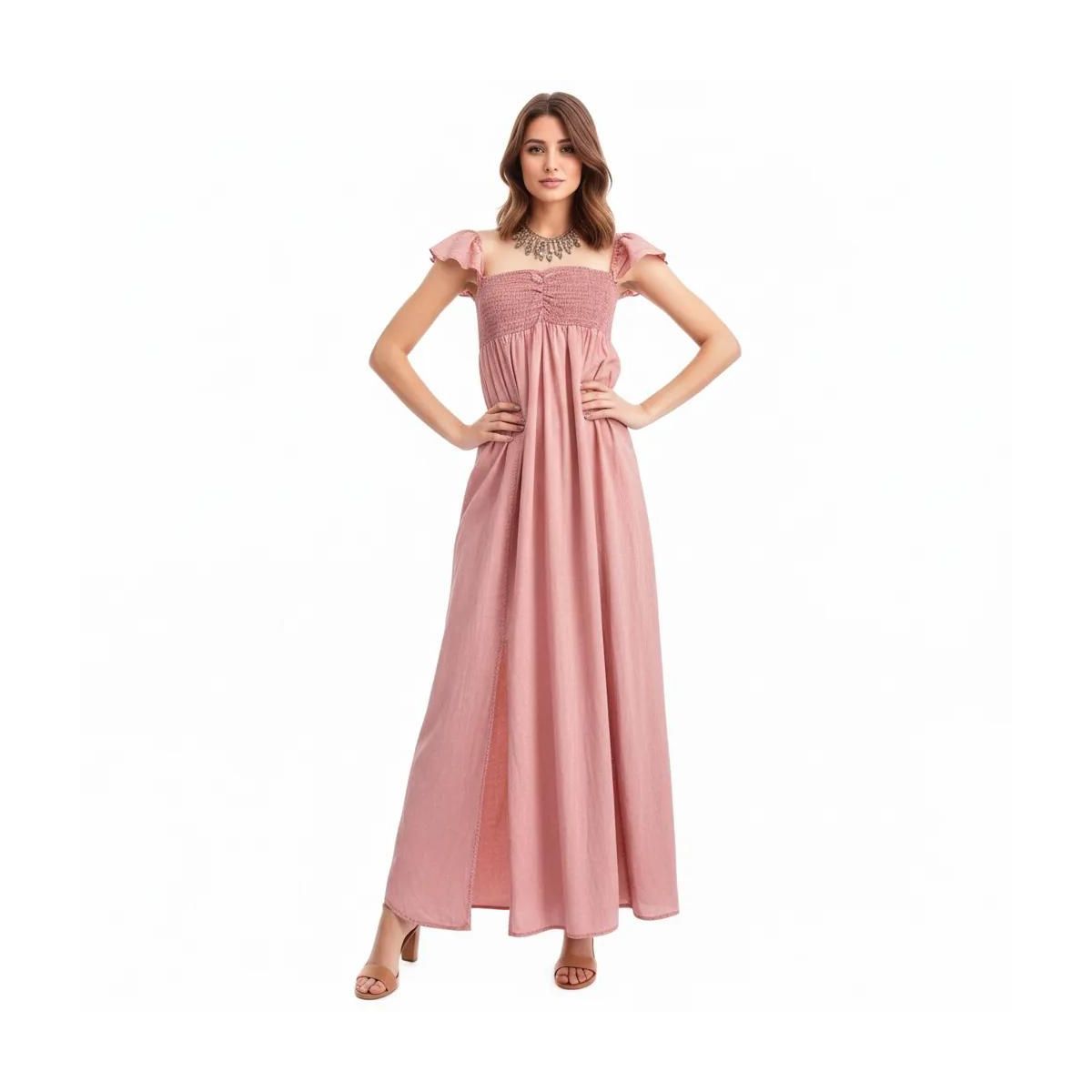 Anna-Kaci Women's Smocked Bodice Maxi Dress with Flutter Sleeves and Flowing Tiered Skirt