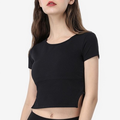 Anna-Kaci Active Women's Fitted Short Sleeve Crop Top with Side Slit Hem