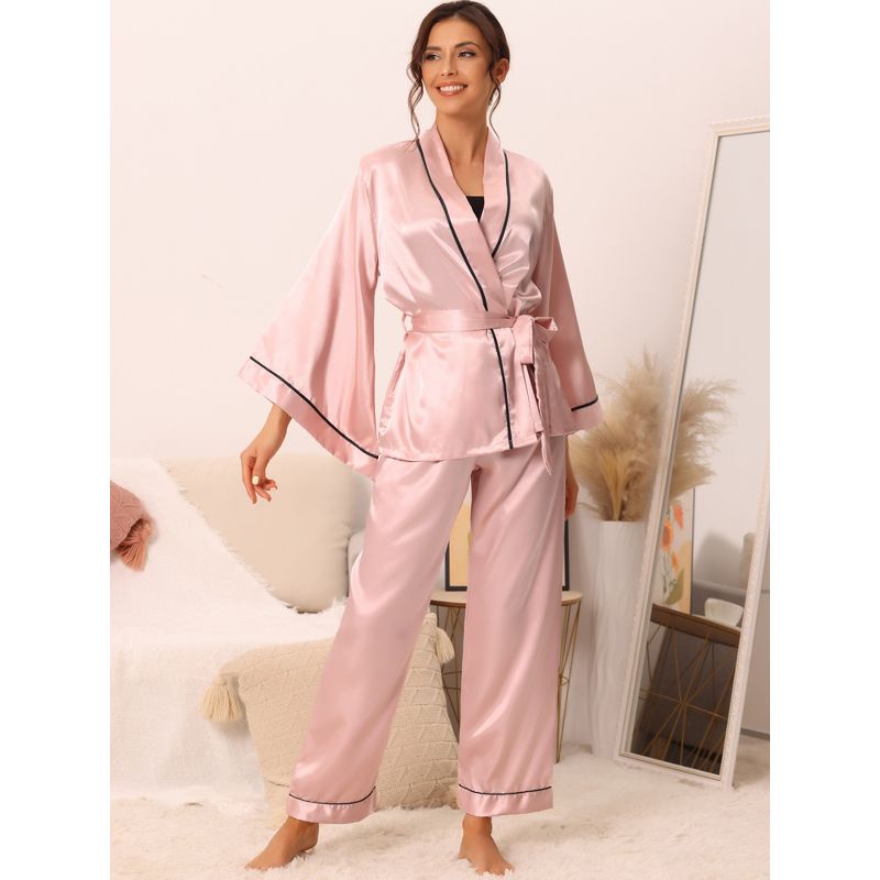 cheibear Women's Silky Satin Bell Sleeve Sleepwear Robe with Pants Pajama Sets, 2 of 6