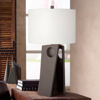 Modern White Linen Drum Shade Cast Iron Table Lamp