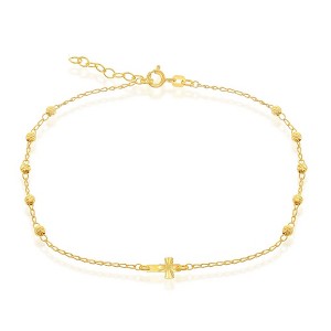Bella Silver Sterling Silver Diamond Cut Beads with Small Center Cross Anklet - Gold Plated - Gold - 9+1 Inch - 1 of 3