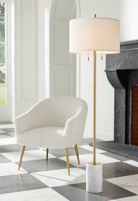Gold Metal Floor Lamp with White Linen Shade and Marble Base