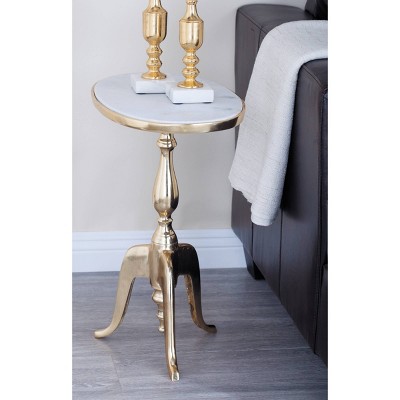 Elegant Round Gray Stone Top End Table with Gold Metal Base